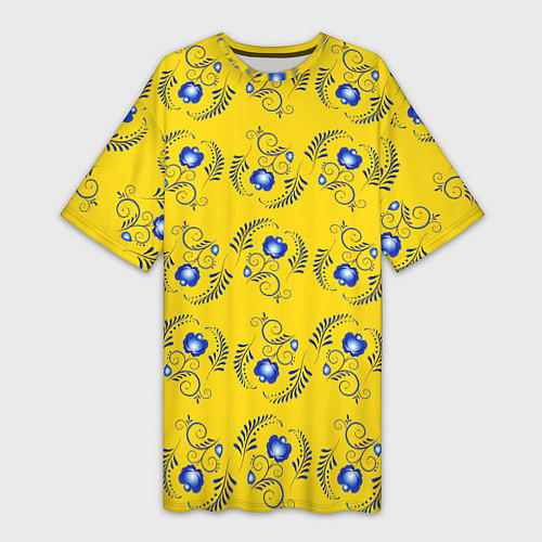 Женская длинная футболка Узор - цветы гжель на желтом фоне / 3D-принт – фото 1