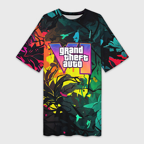 Женская длинная футболка GTA 6 logo абстрактные листья / 3D-принт – фото 1