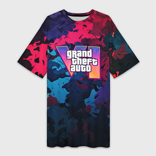 Женская длинная футболка GTA 6 logo яркий неоновый камуфляжный стиль / 3D-принт – фото 1