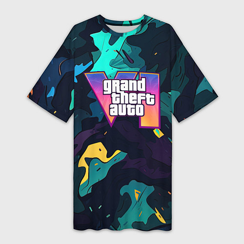 Женская длинная футболка GTA 6 logo яркий неоновый камуфляжный стиль / 3D-принт – фото 1