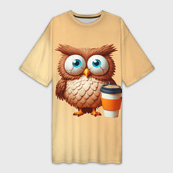 Женская длинная футболка Растрепанная сова со стаканчиком кофе