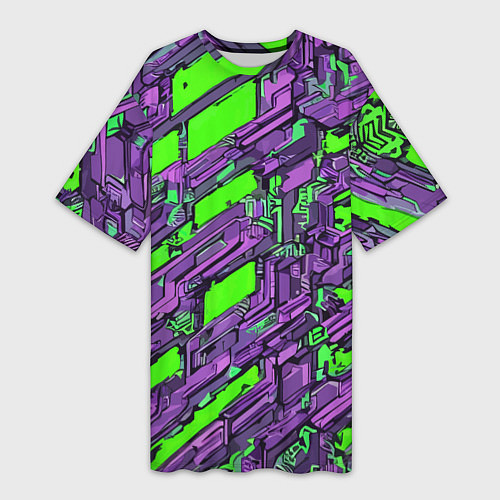 Женская длинная футболка Фиолетовые фрагменты на зелёном фоне / 3D-принт – фото 1