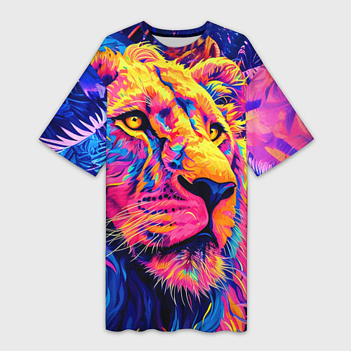 Женская длинная футболка Лев светящийся неоновый / 3D-принт – фото 1