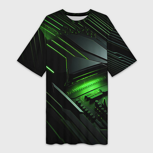 Женская длинная футболка Металл и зеленый яркий неоновый свет / 3D-принт – фото 1