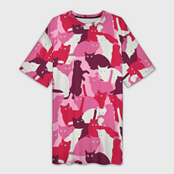Женская длинная футболка Розовый кошачий камуфляж