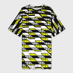 Футболка женская длинная Жёлтые треугольники и квадраты на белом фоне, цвет: 3D-принт