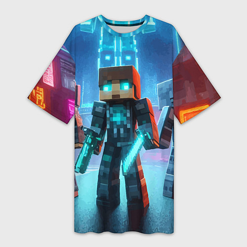 Женская длинная футболка Minecraft - ai art neon / 3D-принт – фото 1