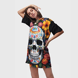 Футболка женская длинная Bright colors and a skull, цвет: 3D-принт — фото 2