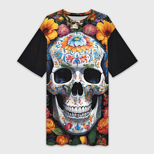 Женская длинная футболка Bright colors and a skull / 3D-принт – фото 1