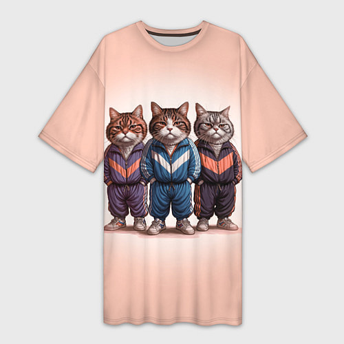 Женская длинная футболка Три полосатых кота в спортивных костюмах пацана / 3D-принт – фото 1