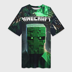 Женская длинная футболка Minecraft зеленый персонаж каменные джунгли
