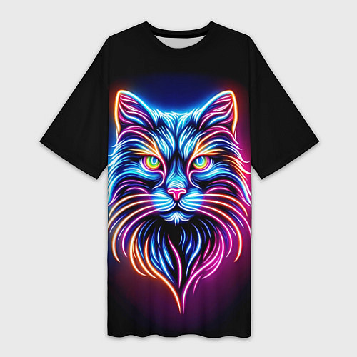 Женская длинная футболка Суровый неоновый кот / 3D-принт – фото 1