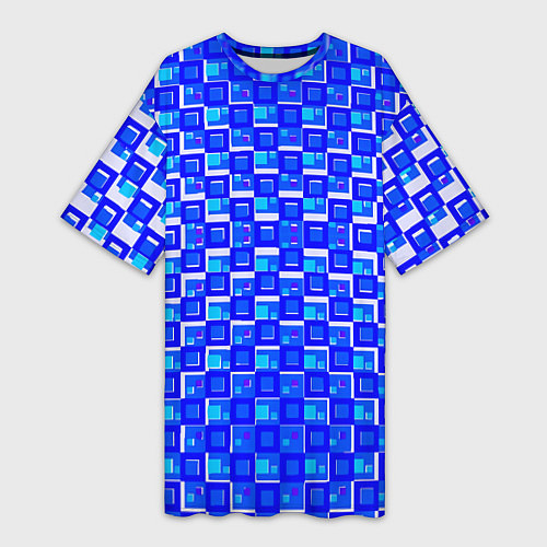 Женская длинная футболка Синие квадраты на белом фоне / 3D-принт – фото 1
