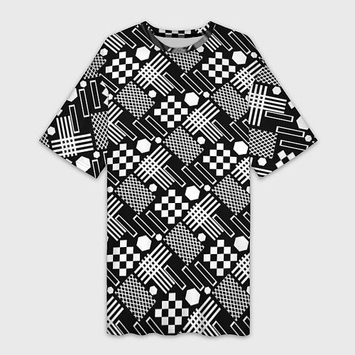 Женская длинная футболка Черно белый узор из геометрических фигур / 3D-принт – фото 1