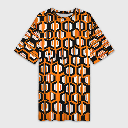 Женская длинная футболка Техно узор из шестиугольников оранжевый / 3D-принт – фото 1