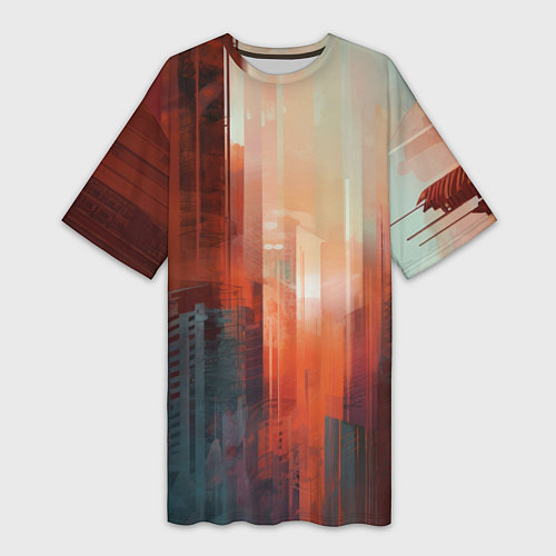 Женская длинная футболка Размытый город на закате / 3D-принт – фото 1