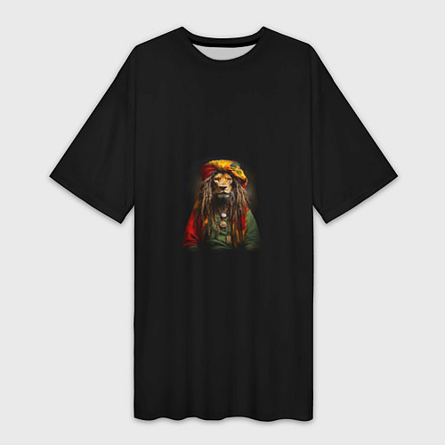 Женская длинная футболка Лев хиппи с дредами на черном фоне / 3D-принт – фото 1