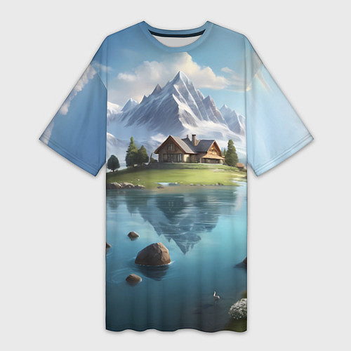 Женская длинная футболка Чудесный день на берегу озера в горах / 3D-принт – фото 1