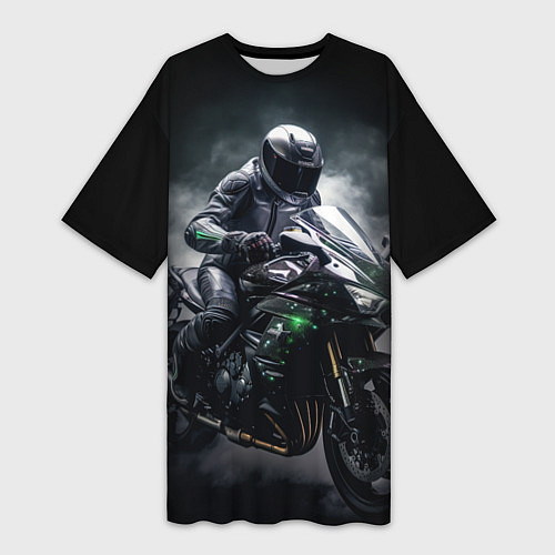 Женская длинная футболка Мотоциклист и дым / 3D-принт – фото 1