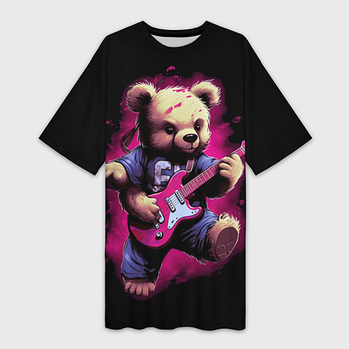 Женская длинная футболка Плюшевый медведь музыкант с гитарой / 3D-принт – фото 1