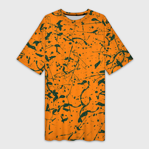 Женская длинная футболка Оранжевый с брызгами зеленой краски / 3D-принт – фото 1