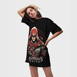 Футболка женская длинная Assassins creed в красном капюшоне, цвет: 3D-принт — фото 2
