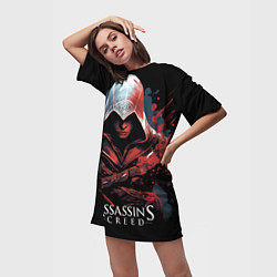 Футболка женская длинная Assassins creed красная краска, цвет: 3D-принт — фото 2