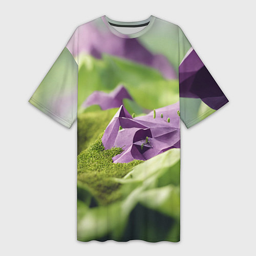 Женская длинная футболка Геометрический пейзаж фиолетовый и зеленый / 3D-принт – фото 1