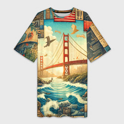 Женская длинная футболка Мост через реку и пэчворк - нейросеть арт USA brid