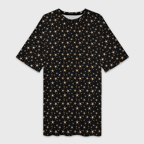Женская длинная футболка Чёрный с золотыми звёздочками паттерны / 3D-принт – фото 1