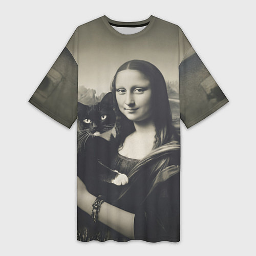Женская длинная футболка Мона Лиза держит кота в черно белом цвете / 3D-принт – фото 1