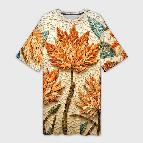 Женская длинная футболка Мозаика осенняя листва в теплых тонах / 3D-принт – фото 1