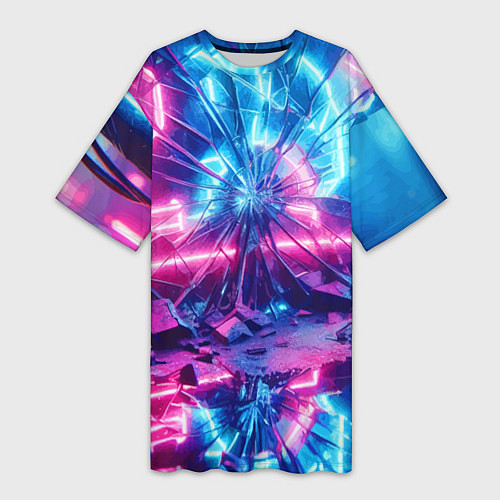 Женская длинная футболка Разбитая неоновая вывеска - мегаполис / 3D-принт – фото 1