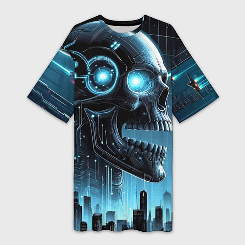 Женская длинная футболка Cyberpunk skull - metropolis neon glow / 3D-принт – фото 1