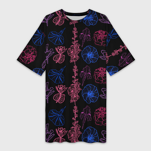 Женская длинная футболка Неоновые разноцветные цветы / 3D-принт – фото 1