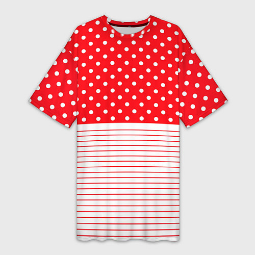 Женская длинная футболка Красно-белый в горошек с полосами / 3D-принт – фото 1