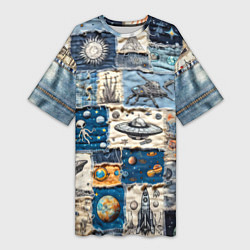 Женская длинная футболка Джинсовый пэчворк с пришельцами