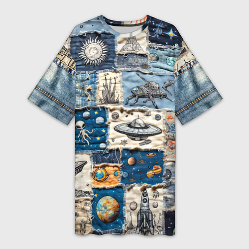 Женская длинная футболка Джинсовый пэчворк с пришельцами / 3D-принт – фото 1