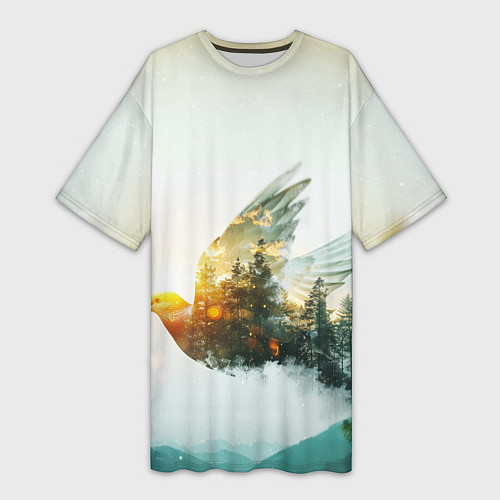 Женская длинная футболка Летящий голубь и лес эффект двойной экспозиции / 3D-принт – фото 1