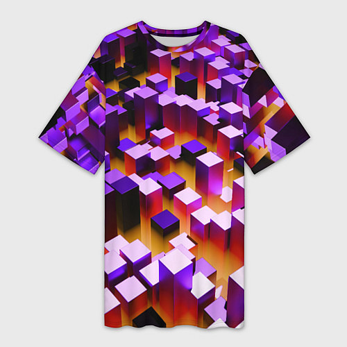 Женская длинная футболка Фиолетовые блоки в оранжевом тумане / 3D-принт – фото 1