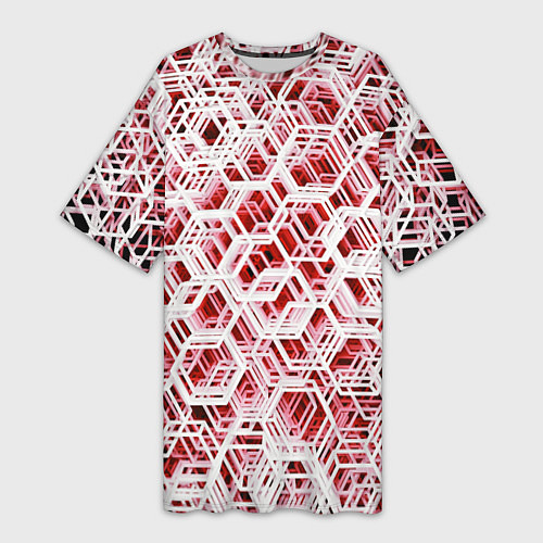 Женская длинная футболка Хаотичный гексагональный каркас в красном тумане / 3D-принт – фото 1