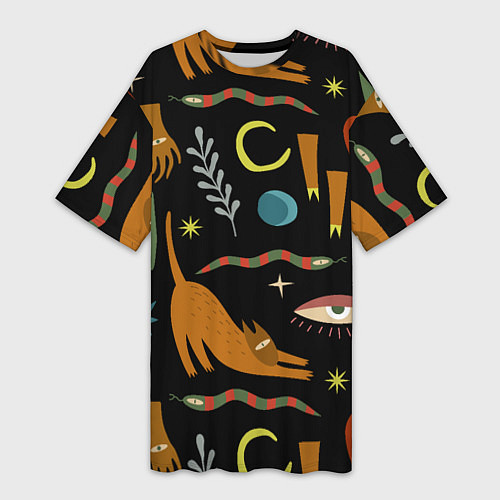 Женская длинная футболка Мистический лес с одноглазым котом / 3D-принт – фото 1