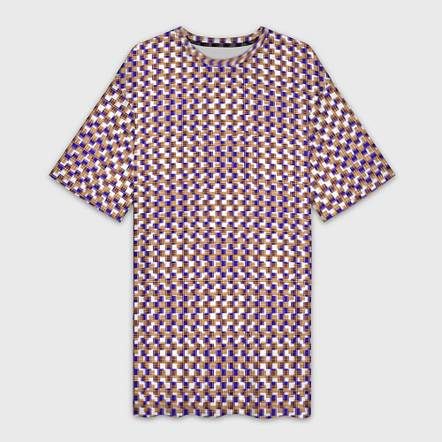 Женская длинная футболка Сине-бежевый текстурированный квадраты-рябь / 3D-принт – фото 1