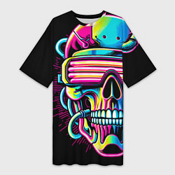 Женская длинная футболка Cyber skull - ai art neon