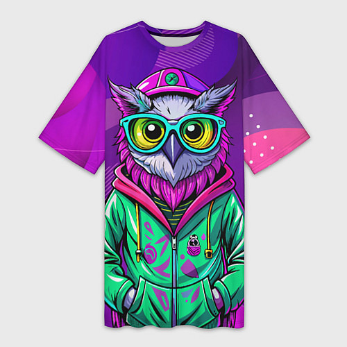 Женская длинная футболка Модная сова на фиолетовом / 3D-принт – фото 1