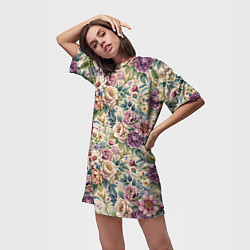 Футболка женская длинная Нежные цветочные мотивы паттерны, цвет: 3D-принт — фото 2