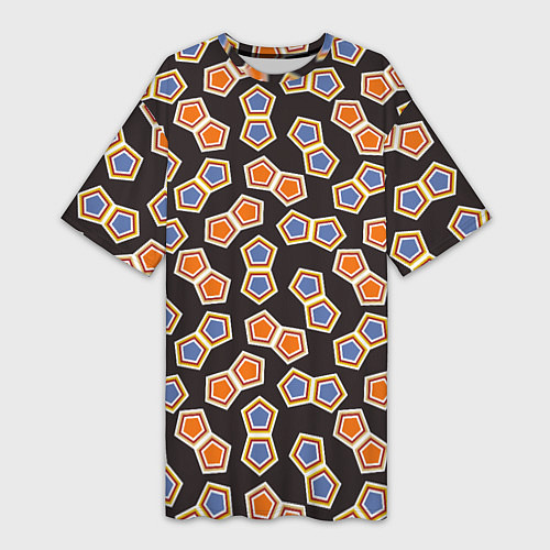 Женская длинная футболка Сине-оранжевая мозаика на черном / 3D-принт – фото 1