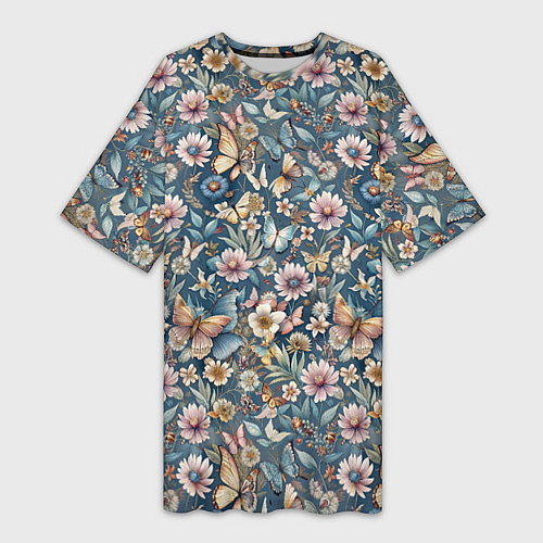 Женская длинная футболка Летний узор с цветами и бабочками / 3D-принт – фото 1