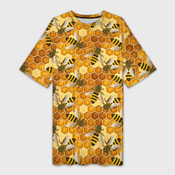 Футболка женская длинная Соты со пчелами, цвет: 3D-принт