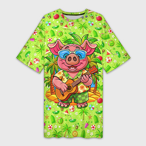 Женская длинная футболка Свинка с гитарой жаркое лето / 3D-принт – фото 1